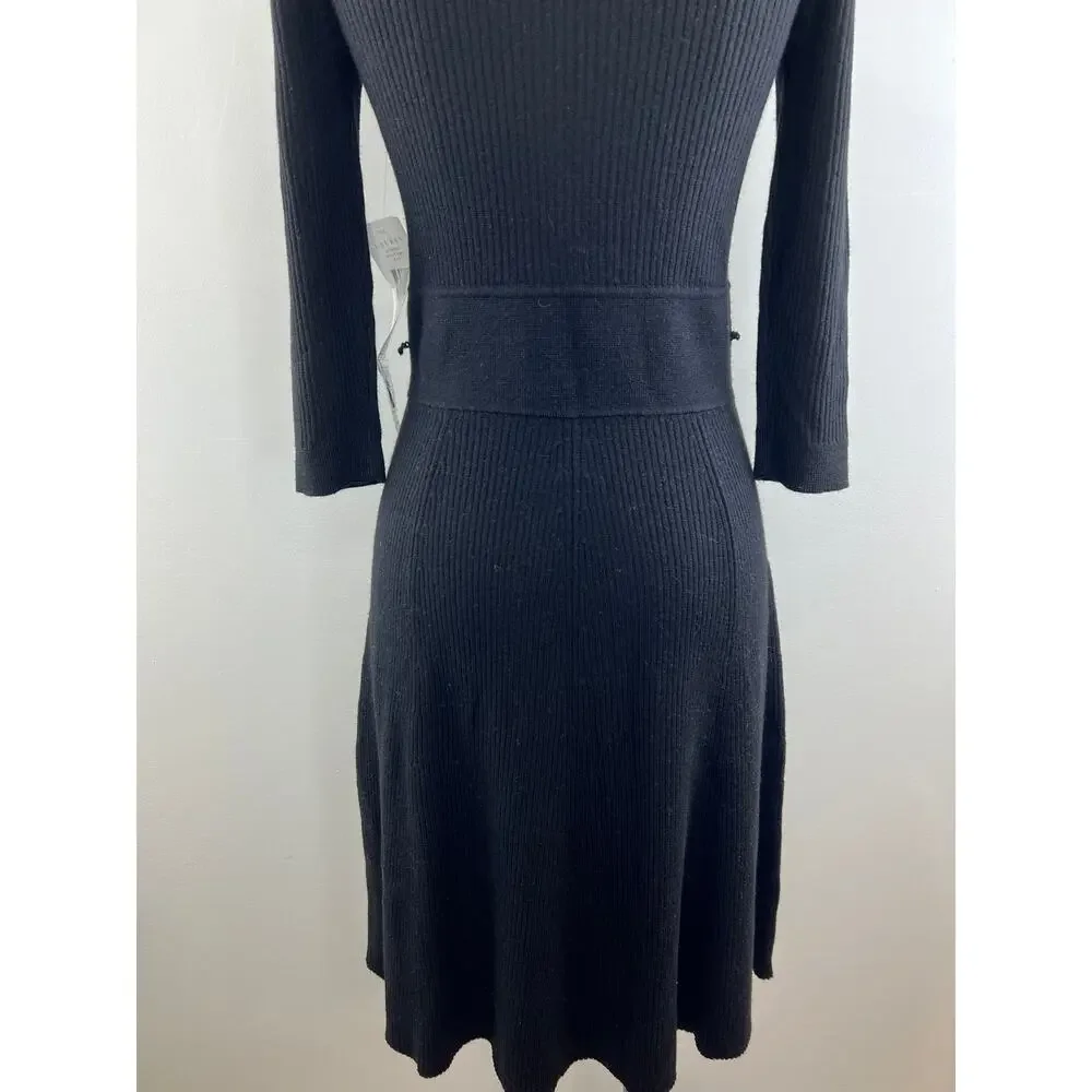 Lauren Ralph Lauren Black Merino Wool Ribbed 3/4 Sleeve Sweater Dress Sz PM NEW